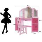 Coiffeuse pour enfants avec tiroirs, ensemble coiffeuse et chaise de princesse, miroir triptyque détachable, coiffeuse en bois pour tout-petits