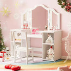 Coiffeuse pour enfants avec tiroirs, ensemble coiffeuse et chaise de princesse, miroir triptyque détachable, coiffeuse en bois pour tout-petits