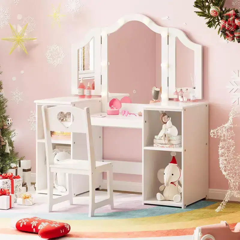 Coiffeuse pour enfants avec tiroirs, ensemble coiffeuse et chaise de princesse, miroir triptyque détachable, coiffeuse en bois pour tout-petits