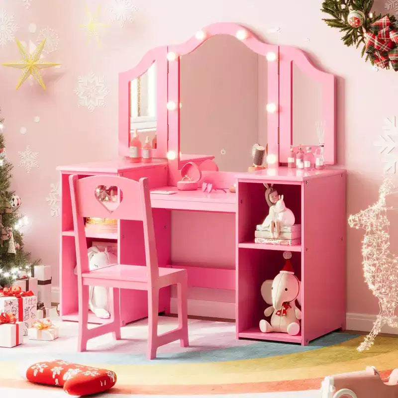 Kids Vanity Table with Drawers, Princess Makeup Desk & Chair Set, Detachable Tri-Folding Mirror, Wooden Toddler Vanity Table