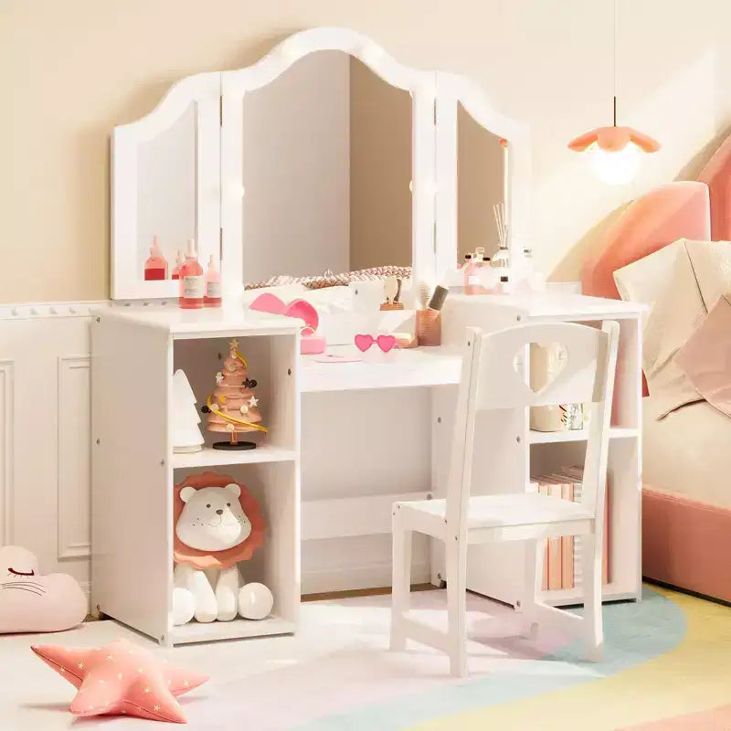 Coiffeuse pour enfants avec tiroirs, ensemble coiffeuse et chaise de princesse, miroir triptyque détachable, coiffeuse en bois pour tout-petits