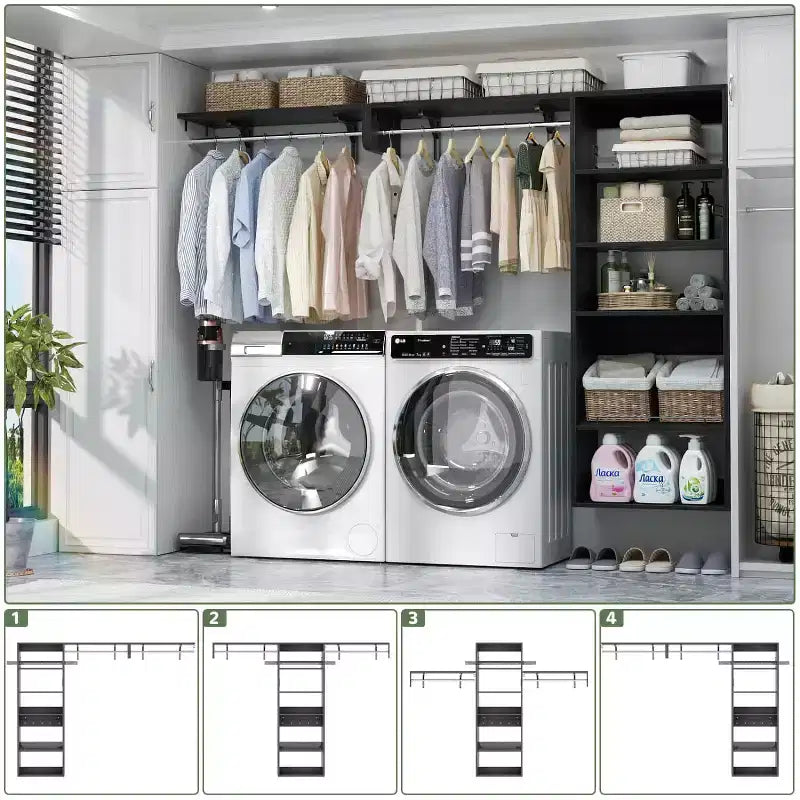 Système de rangement de placard Besiost avec tringles extensibles, Rangement de buanderie avec étagères