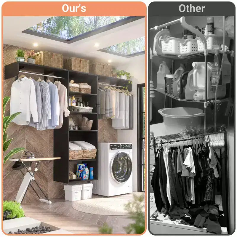 Système de rangement de placard Besiost avec tringles extensibles, Rangement de buanderie avec étagères
