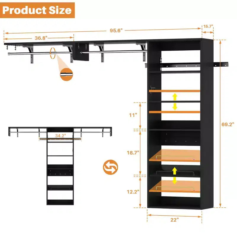 Système de rangement de placard Besiost avec tringles extensibles, Rangement de buanderie avec étagères