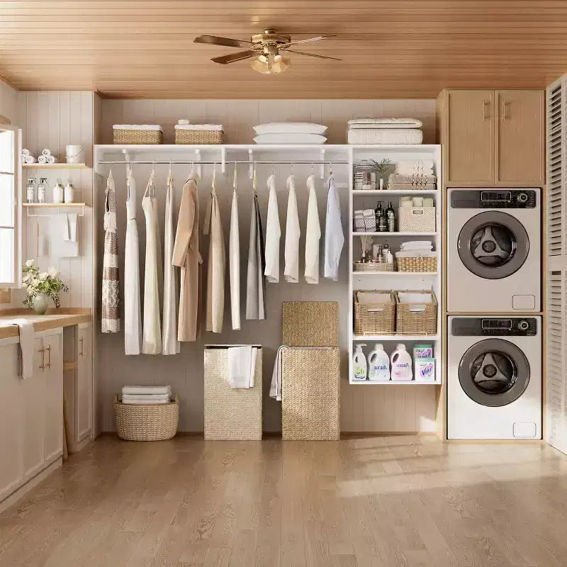 Système de rangement de placard Besiost avec tringles extensibles, Rangement de buanderie avec étagères