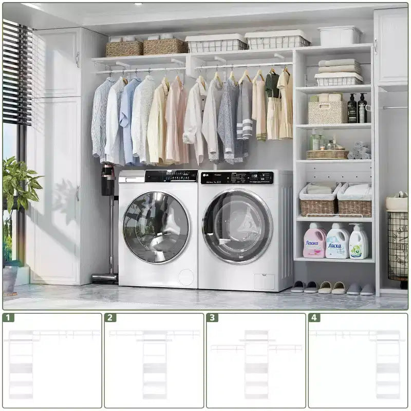 Système de rangement de placard Besiost avec tringles extensibles, Rangement de buanderie avec étagères