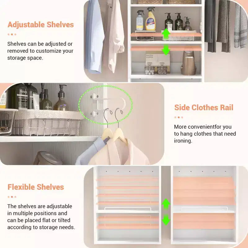Système de rangement de placard Besiost avec tringles extensibles, Rangement de buanderie avec étagères