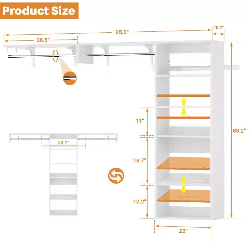 Système de rangement de placard Besiost avec tringles extensibles, Rangement de buanderie avec étagères