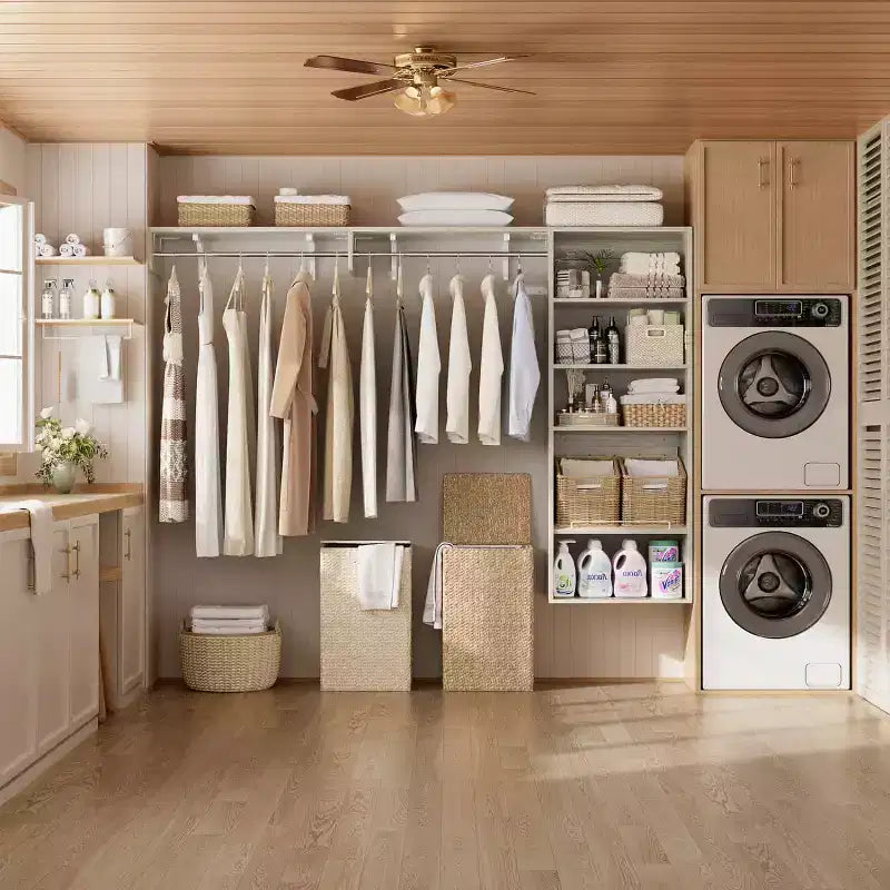Système de rangement de placard Besiost avec tringles extensibles, Rangement de buanderie avec étagères