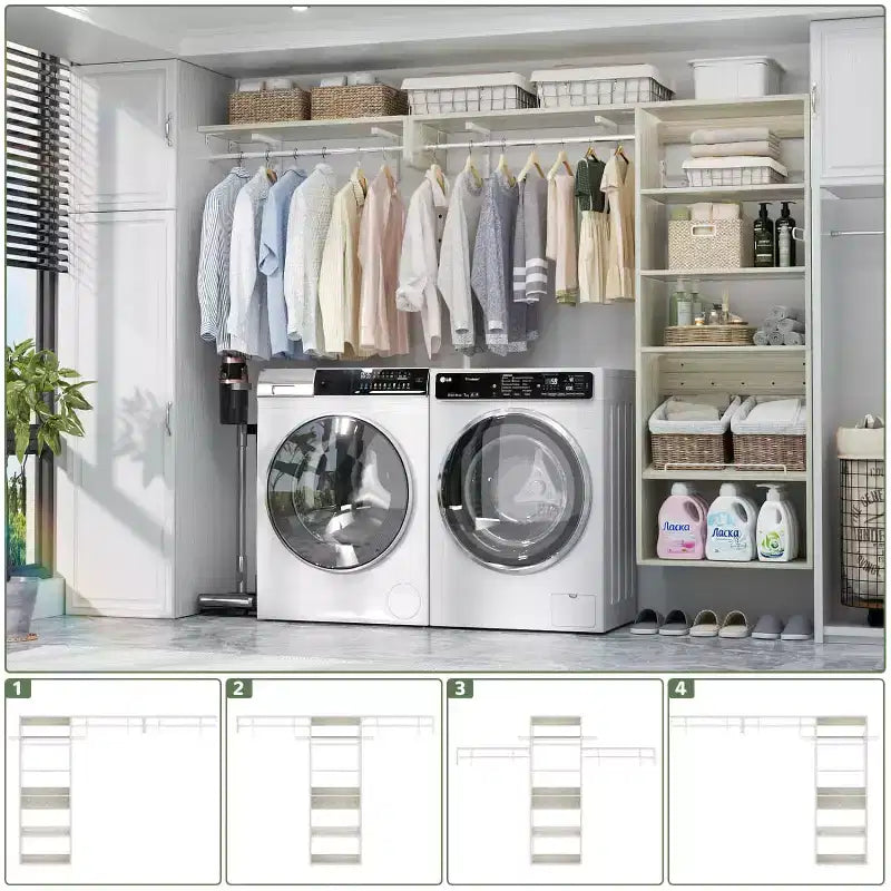 Système de rangement de placard Besiost avec tringles extensibles, Rangement de buanderie avec étagères