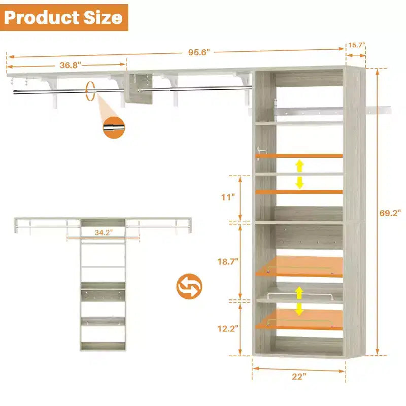 Système de rangement de placard Besiost avec tringles extensibles, Rangement de buanderie avec étagères