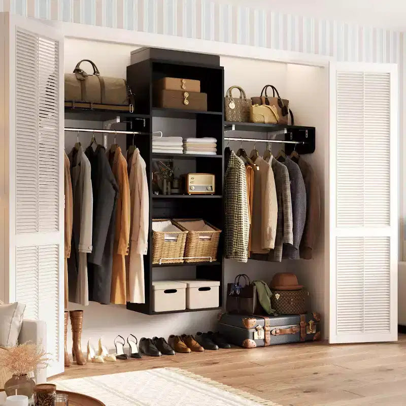 Système de rangement de placard Besiost avec tringles extensibles, Rangement de buanderie avec étagères