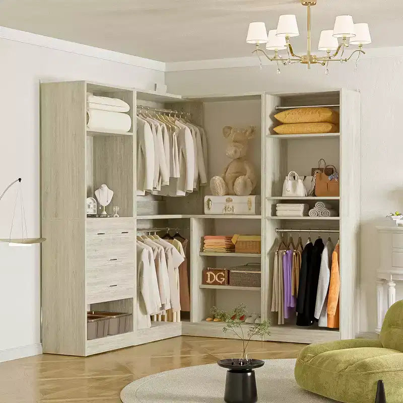Besiost Wood Closet System, Freestanding Closet Organizer with Drawers and Mirror