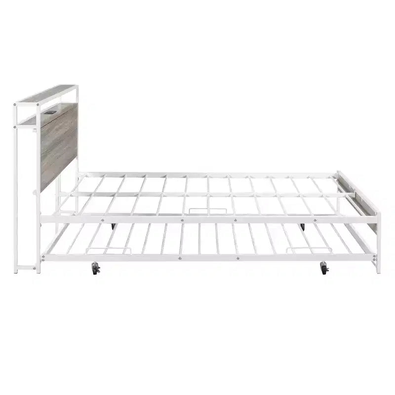Cadre de lit plateforme en métal pleine grandeur Luxystar avec lit gigogne, étagères, prises et ports USB