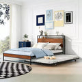 Luxystar Full Size Metal Platform Bed Frame with Trundle, Shelves, Sockets and USB Ports