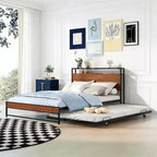 Luxystar Full Size Metal Platform Bed Frame with Trundle, Shelves, Sockets and USB Ports