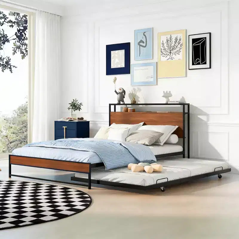 Luxystar Full Size Metal Platform Bed Frame with Trundle, Shelves, Sockets and USB Ports