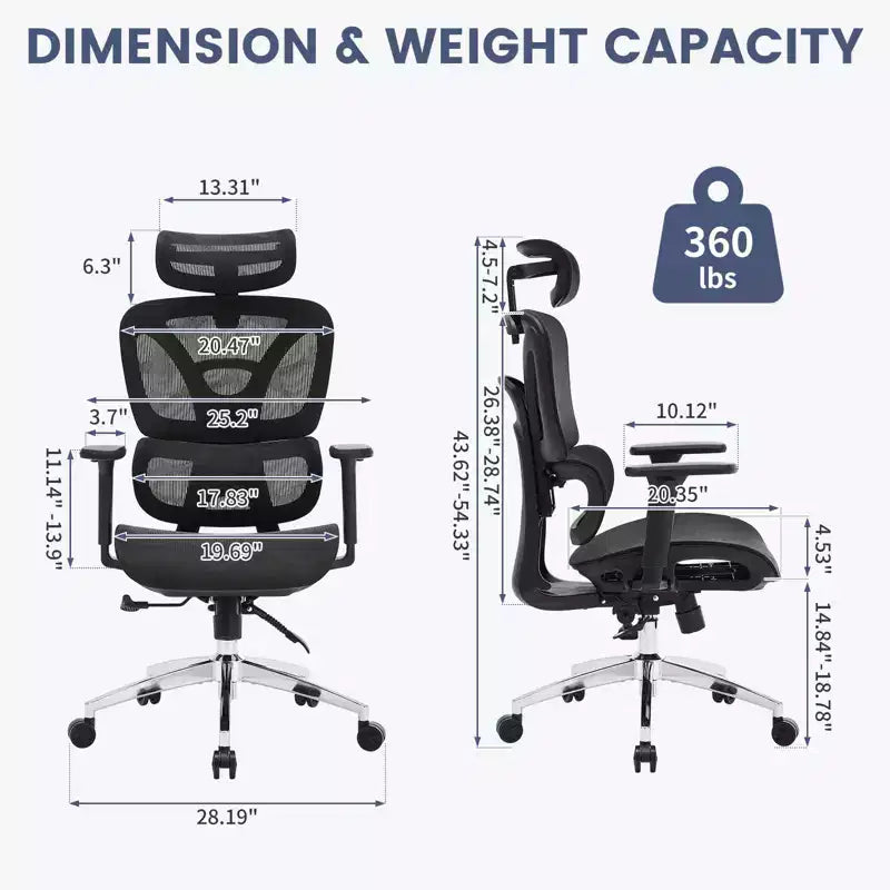 Fauteuil de bureau ergonomique en maille à dossier haut avec support lombaire adaptatif pour la maison - Noir