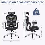 Fauteuil de bureau ergonomique en maille à dossier haut avec support lombaire adaptatif pour la maison - Noir