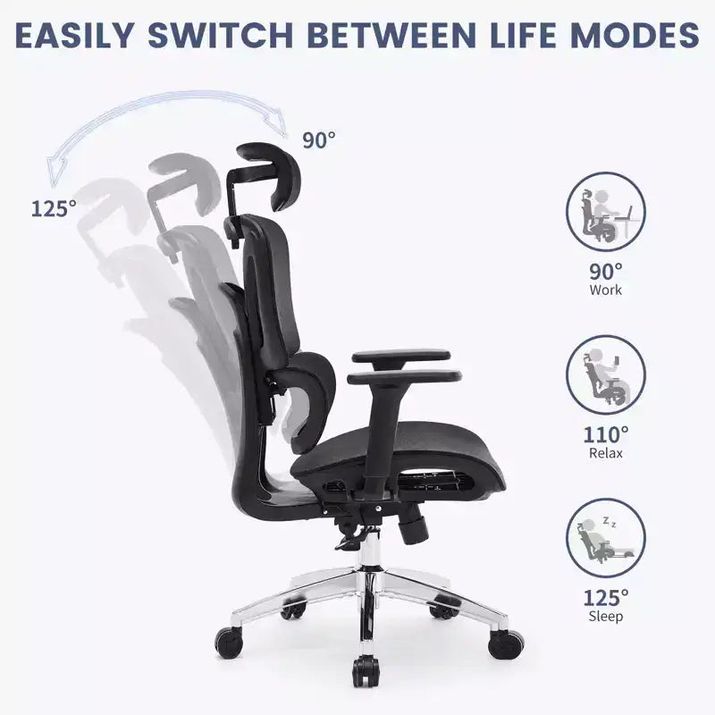 Fauteuil de bureau ergonomique en maille à dossier haut avec support lombaire adaptatif pour la maison - Noir