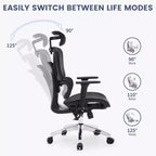 Fauteuil de bureau ergonomique en maille à dossier haut avec support lombaire adaptatif pour la maison - Noir