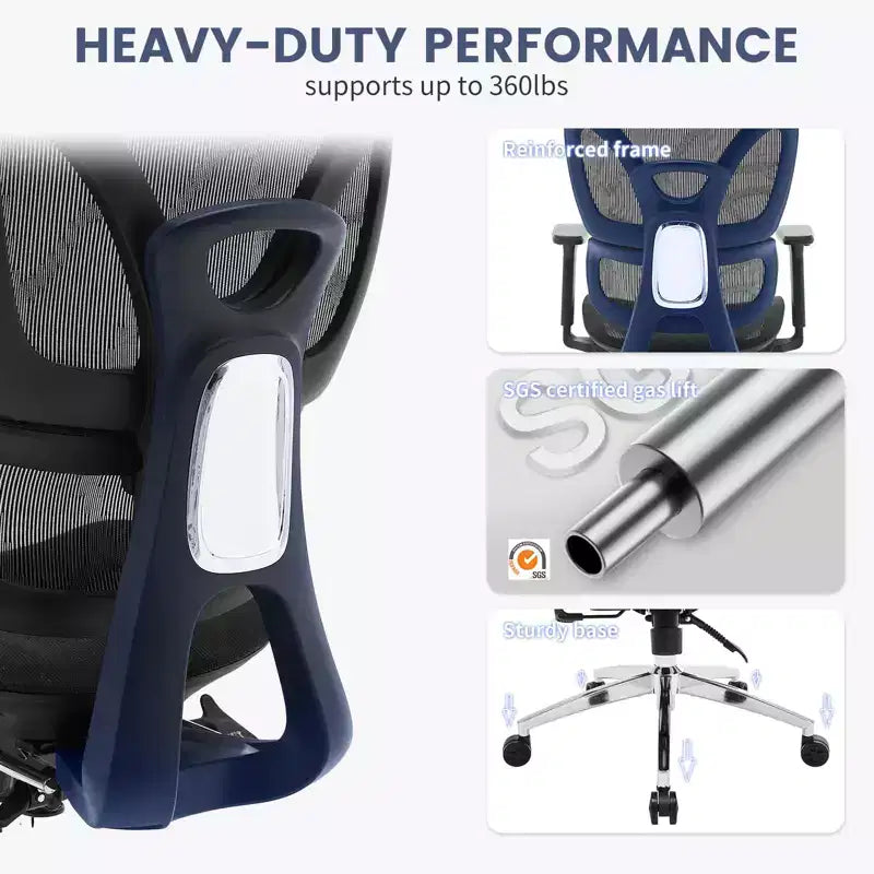 Fauteuil de bureau ergonomique en maille à dossier haut avec support lombaire adaptatif pour la maison - Noir