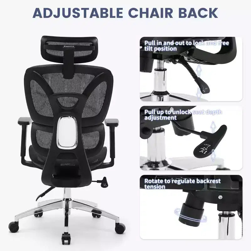 Fauteuil de bureau ergonomique en maille à dossier haut avec support lombaire adaptatif pour la maison - Noir