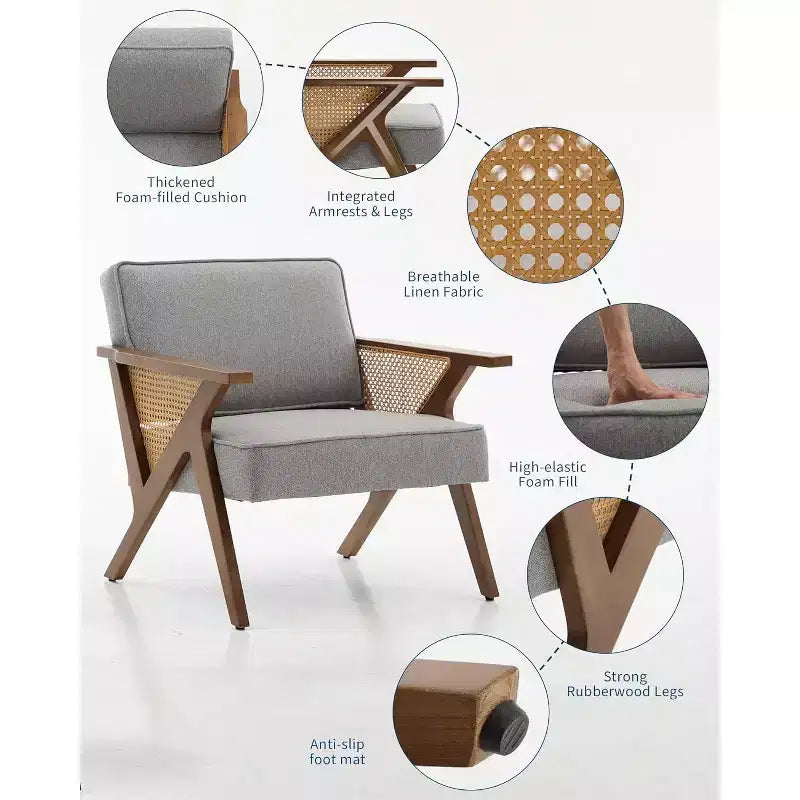 Fauteuil Acekool en rotin de style moderne du milieu du siècle, large fauteuil rembourré pour le salon ou la chambre à coucher