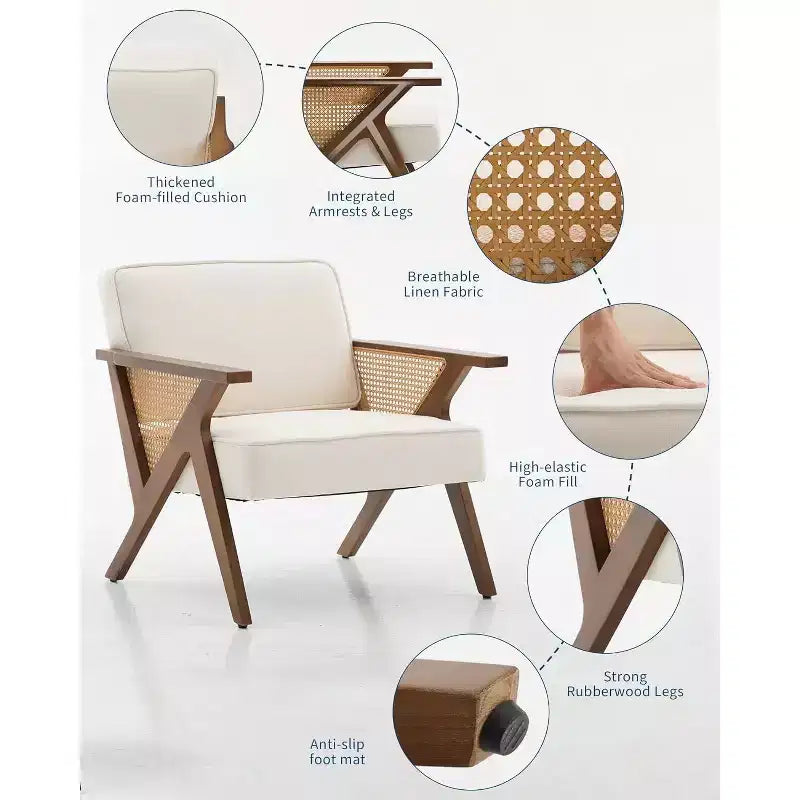 Fauteuil Acekool en rotin de style moderne du milieu du siècle, large fauteuil rembourré pour le salon ou la chambre à coucher