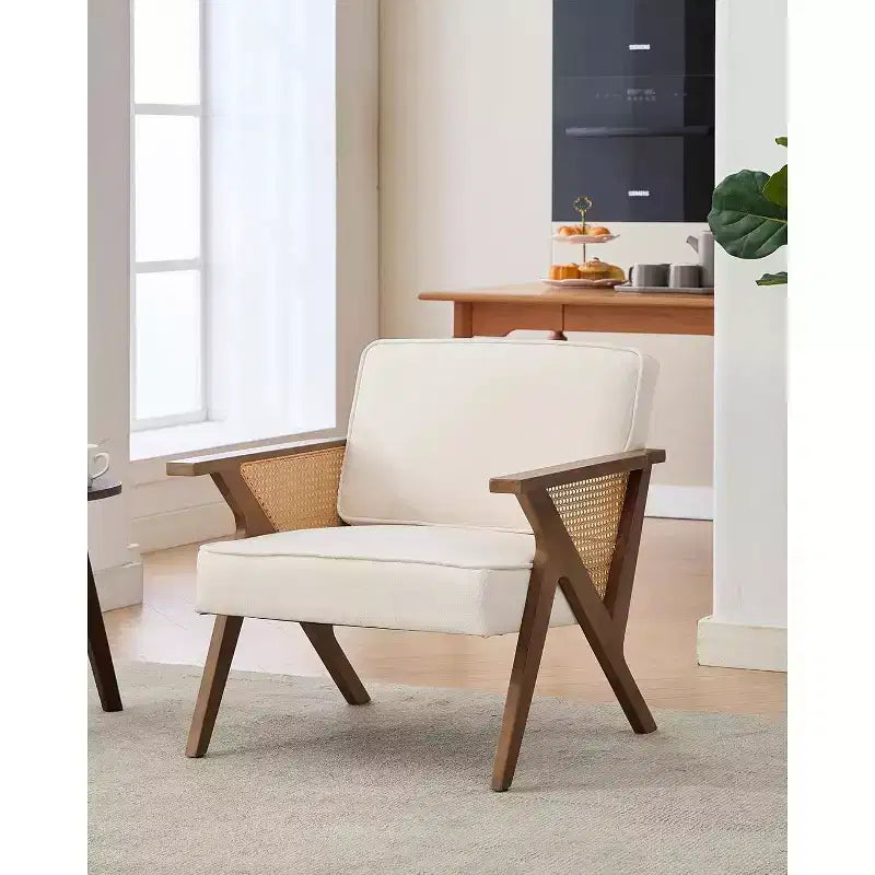 Acekool Mid-Century Rattan Arm Accent Chair , Wide Upholstered Armchair for Living Room or Bedroom