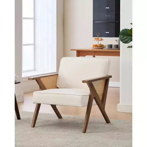 Acekool Mid-Century Rattan Arm Accent Chair , Wide Upholstered Armchair for Living Room or Bedroom