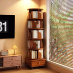 Rotating Bookshelf, 360 Display Corner Bookshelf for Small Space, 6 Tier Bookcase Storage Rack with Wheels, Wood Narrow Organizer for Bedroom
