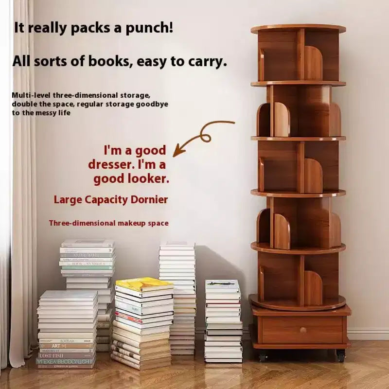 Étagère à Livres Blanche à 4 Niveaux Rotative à 360° – 6 Tablettes, Montage par une Seule Personne