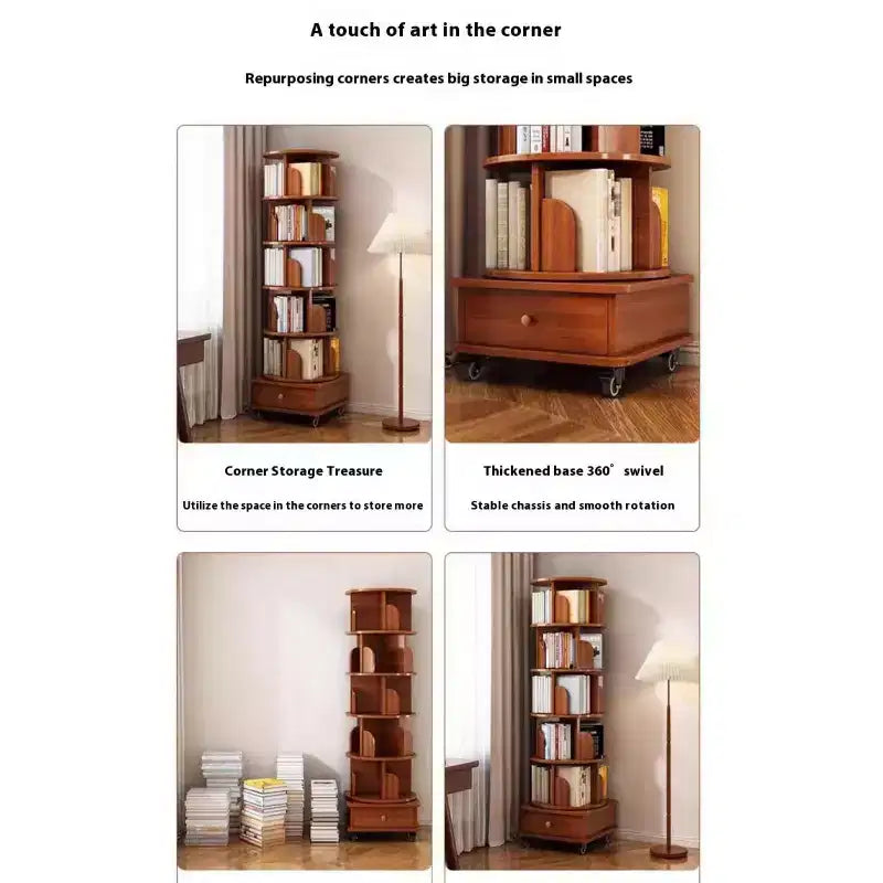 Étagère à Livres Blanche à 4 Niveaux Rotative à 360° – 6 Tablettes, Montage par une Seule Personne