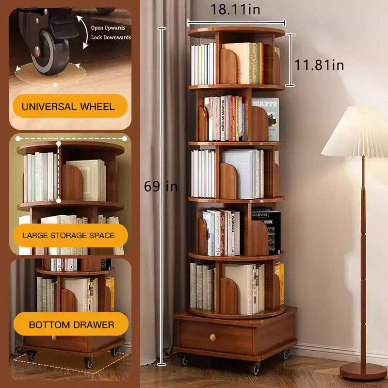Étagère à Livres Blanche à 4 Niveaux Rotative à 360° – 6 Tablettes, Montage par une Seule Personne