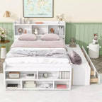 Lit double avec tête de lit bibliothèque, tiroirs de rangement sous le lit et coffre de rangement en bout de lit, blanc
