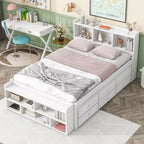 Lit double avec tête de lit bibliothèque, tiroirs de rangement sous le lit et coffre de rangement en bout de lit, blanc