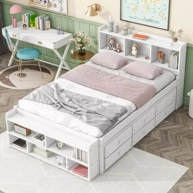 Lit double avec tête de lit bibliothèque, tiroirs de rangement sous le lit et coffre de rangement en bout de lit, blanc