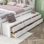 Lit double avec tête de lit bibliothèque, tiroirs de rangement sous le lit et coffre de rangement en bout de lit, blanc