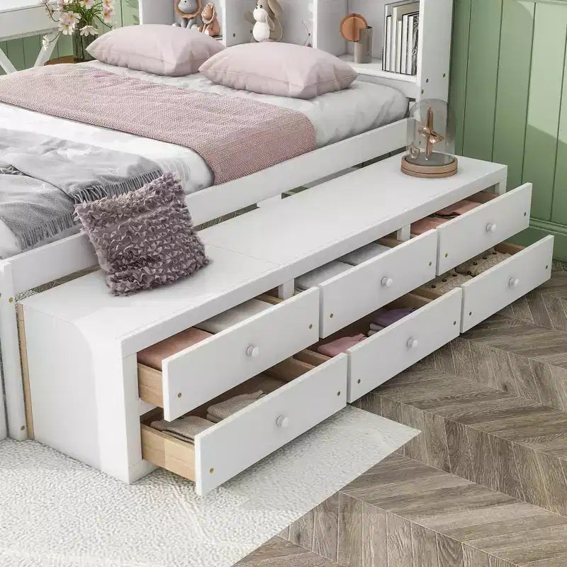 Lit double avec tête de lit bibliothèque, tiroirs de rangement sous le lit et coffre de rangement en bout de lit, blanc