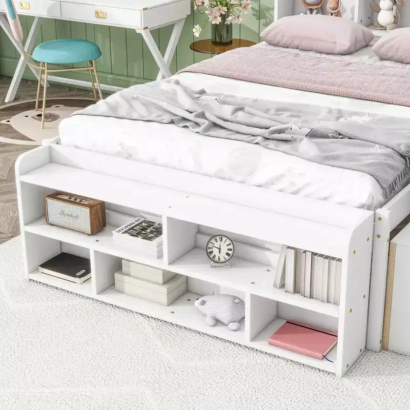 Lit double avec tête de lit bibliothèque, tiroirs de rangement sous le lit et coffre de rangement en bout de lit, blanc