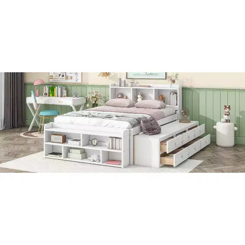 Lit double avec tête de lit bibliothèque, tiroirs de rangement sous le lit et coffre de rangement en bout de lit, blanc