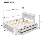 Lit double avec tête de lit bibliothèque, tiroirs de rangement sous le lit et coffre de rangement en bout de lit, blanc