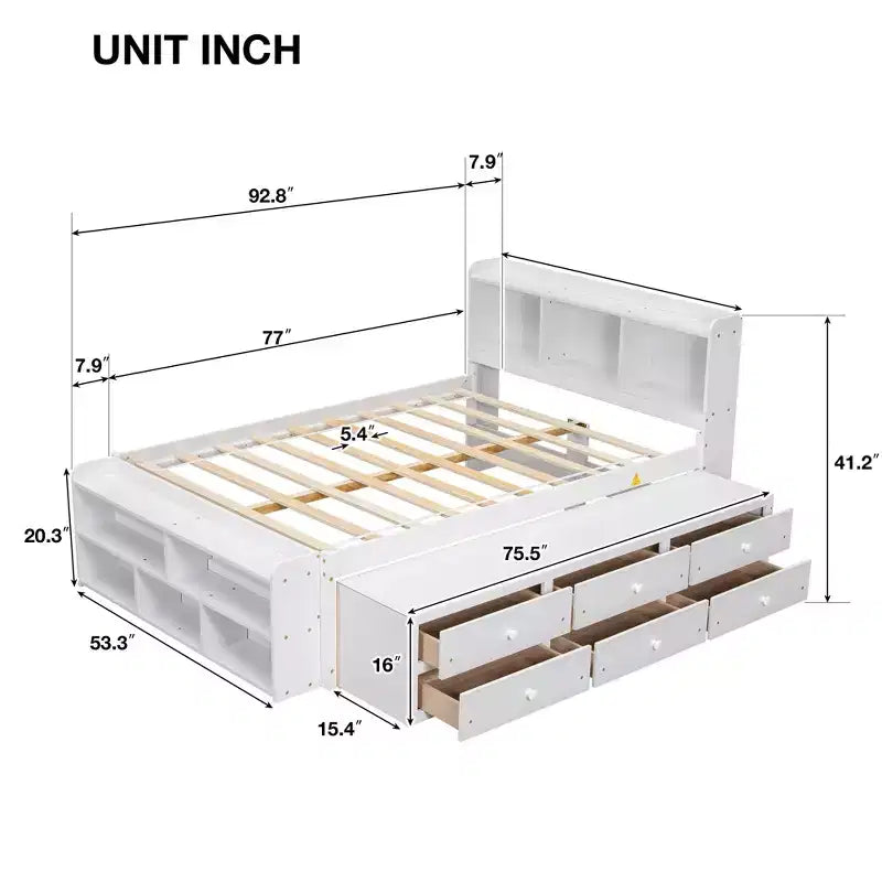 Lit double avec tête de lit bibliothèque, tiroirs de rangement sous le lit et coffre de rangement en bout de lit, blanc