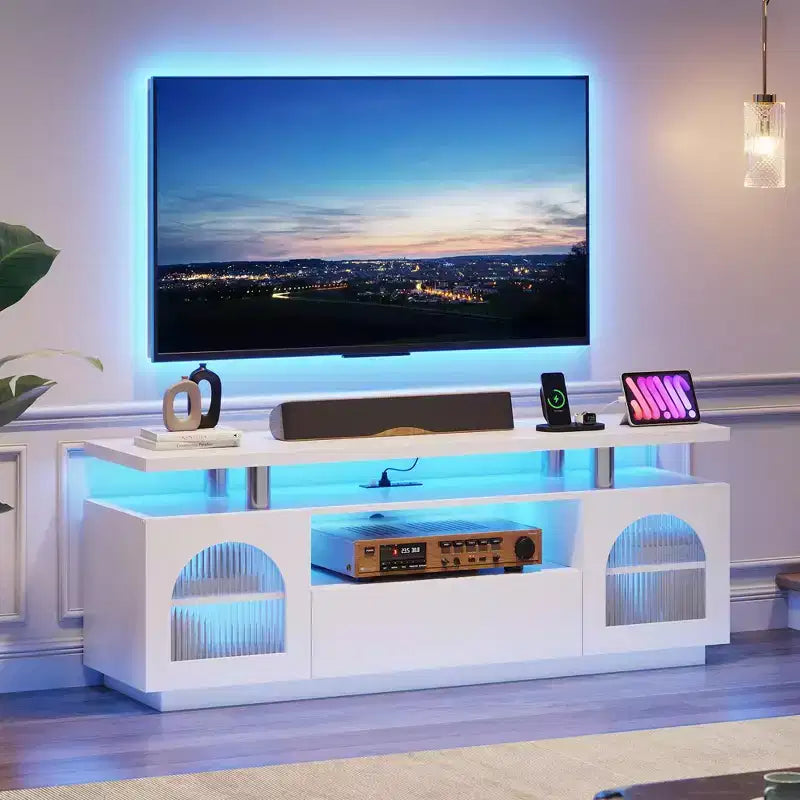 TV Stand for 65 inch TV, Modern Entertainment Center with Power Outlets and Led, Media Console with Large Drawer and Adjustable Shelves
