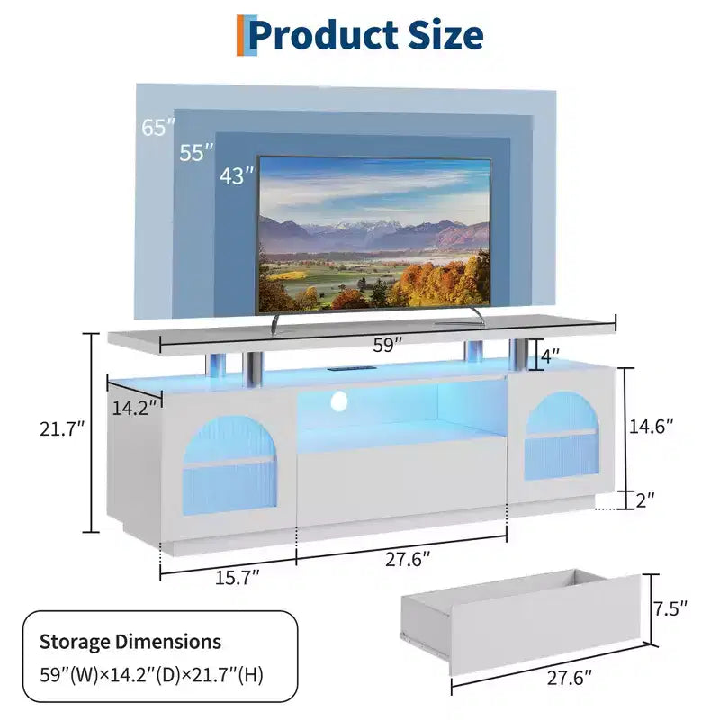 Meuble TV pour téléviseur de 65 pouces, meuble de divertissement moderne avec prises de courant et lumières LED, console multimédia avec grand tiroir et étagères réglables