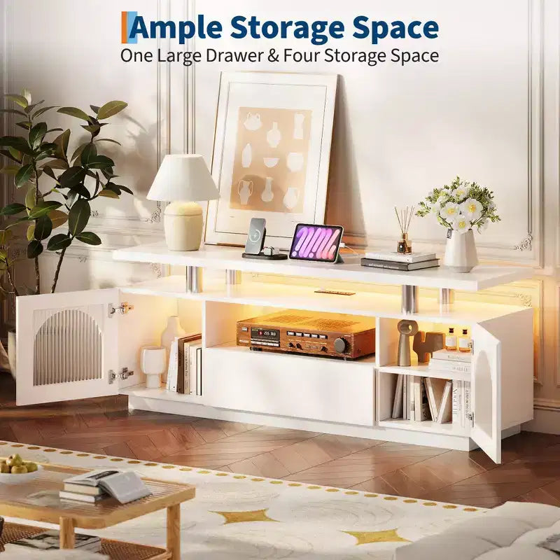 Meuble TV pour téléviseur de 65 pouces, meuble de divertissement moderne avec prises de courant et lumières LED, console multimédia avec grand tiroir et étagères réglables