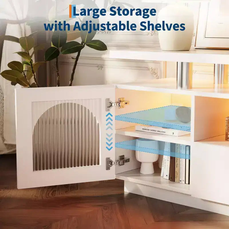 Meuble TV pour téléviseur de 65 pouces, meuble de divertissement moderne avec prises de courant et lumières LED, console multimédia avec grand tiroir et étagères réglables