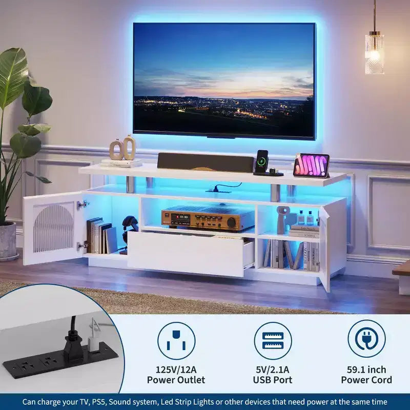 Meuble TV pour téléviseur de 65 pouces, meuble de divertissement moderne avec prises de courant et lumières LED, console multimédia avec grand tiroir et étagères réglables