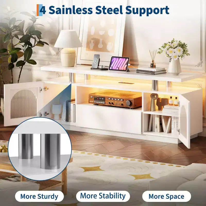 Meuble TV pour téléviseur de 65 pouces, meuble de divertissement moderne avec prises de courant et lumières LED, console multimédia avec grand tiroir et étagères réglables